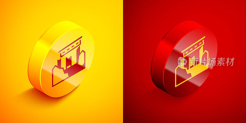 Isometric Ancient ruins icon isolated on orange and red background. Circle button. Vector